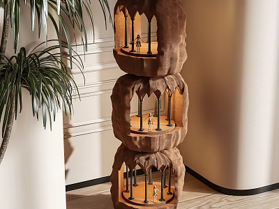 Unique Three Tiered Floor Lamp With Arched Shelves Textured Brown Design In Interior With Plant 3d model