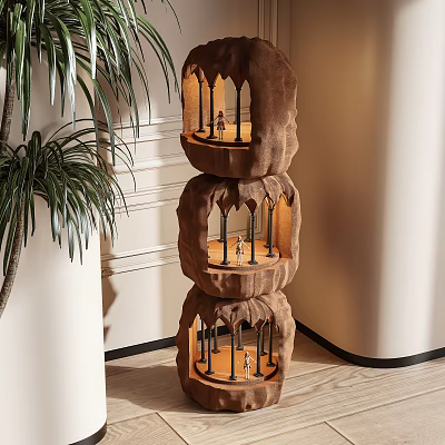 Unique Three Tiered Floor Lamp With Arched Shelves Textured Brown Design In Interior With Plant 3d model