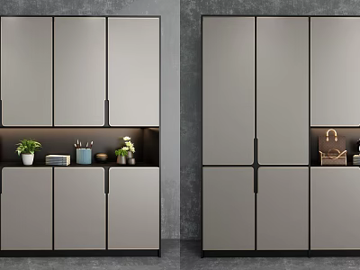 Modern Gray Decorative Cabinet With Open Shelves Potted Plants And Decorative Items 3d model