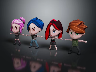 Cartoon Style Game and Movie Characters With Various Hairstyles and Different Outfits Standing Together 3d model