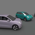 Car Showroom Featuring Purple Teal And Beige Modern Compact Cars On