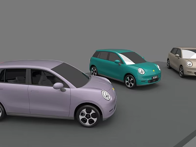 Car Showroom Featuring Purple Teal And Beige Modern Compact Cars On 3d model