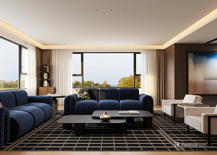 Modern Spacious Bright Living Room Interior With Panoramic Window And Cozy Navy Blue Fabric Sofas 3d model 