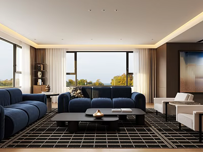 Modern Spacious Bright Living Room Interior With Panoramic Window And Cozy Navy Blue Fabric Sofas 3d model