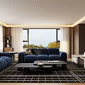 Modern Spacious Bright Living Room Interior With Panoramic Window And Cozy Navy Blue Fabric Sofas