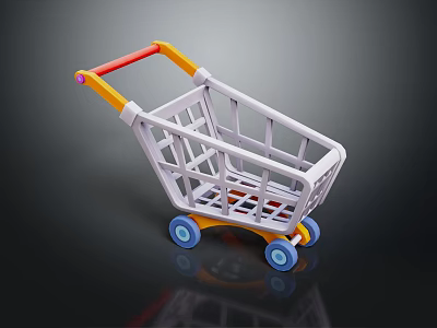 Shopping Cart With Orange Red Handle Gray Frame And Blue Wheels 3d model