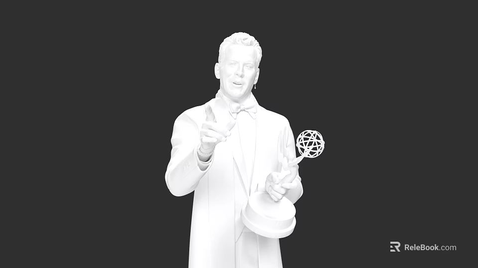 Game And Movie Character In Suit With Bow Tie Holding Trophy On Dark Background 3d model 