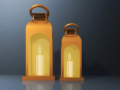 Two Golden Lantern Style Table Lamps With Candle Inside On Dark Background 3d model