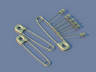 Golden Safety Pins in Different Sizes for Practical Daily Household Items 3d model