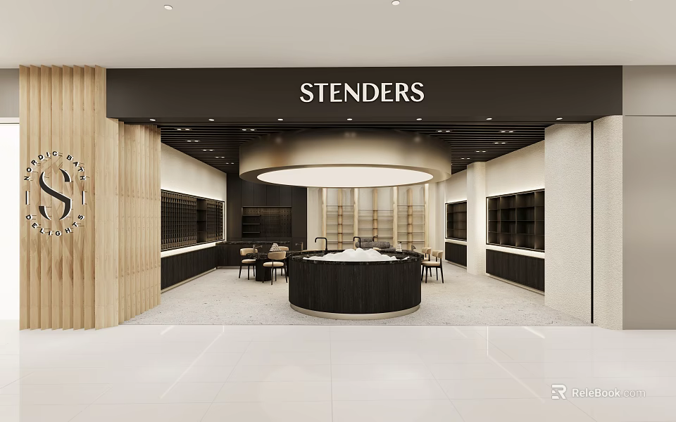 Stenders Modern Shopping Mall Store with Circular Central Counter Display Cabinets and Chairs 3d model