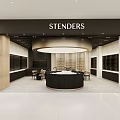 Stenders Modern Shopping Mall Store with Circular Central Counter Display Cabinets and Chairs 3d model