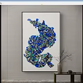 Abstract Blue Green Art Painting With Flowing Shapes On Indoor Wall Near Vase And Branches