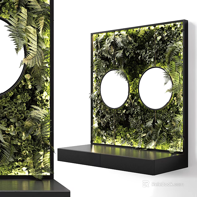 Living Plant Wall Interior Design With Black Frame Round Mirrors And Bottom Black Shelf 3d model 