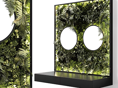 Living Plant Wall Interior Design With Black Frame Round Mirrors And Bottom Black Shelf 3d model
