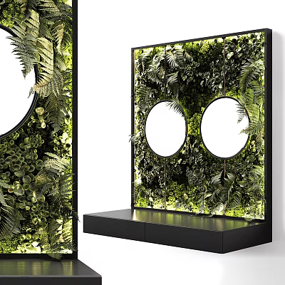 Living Plant Wall Interior Design With Black Frame Round Mirrors And Bottom Black Shelf 3d model