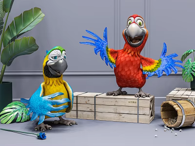 Colorful Parrot Dolls with Blue Yellow Red Wings Near Wooden Crate Barrel and Green Leaves 3d model
