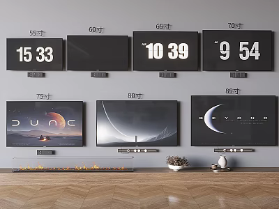 55 60 65 70 Inch Televisions Displaying Dune Beyond on Wall Mounted Screens 3d model