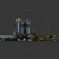 Modern Industrial Site Scene With Silos Conveyor Belts Trucks Buildings And Trees