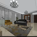 Modern Living And Dining Room With Chandeliers Yellow Armchair Gray Sofa Coffee Tables Large Windows