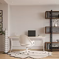 Modern Home Office Desk with White Chair Laptop Potted Plant and Bookshelf on Wooden Floor