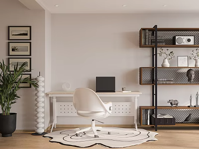 Modern Home Office Desk with White Chair Laptop Potted Plant and Bookshelf on Wooden Floor 3d model