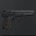 Detailed Pixel Style Pistol With Camouflage Pattern And Red Logo On Grip