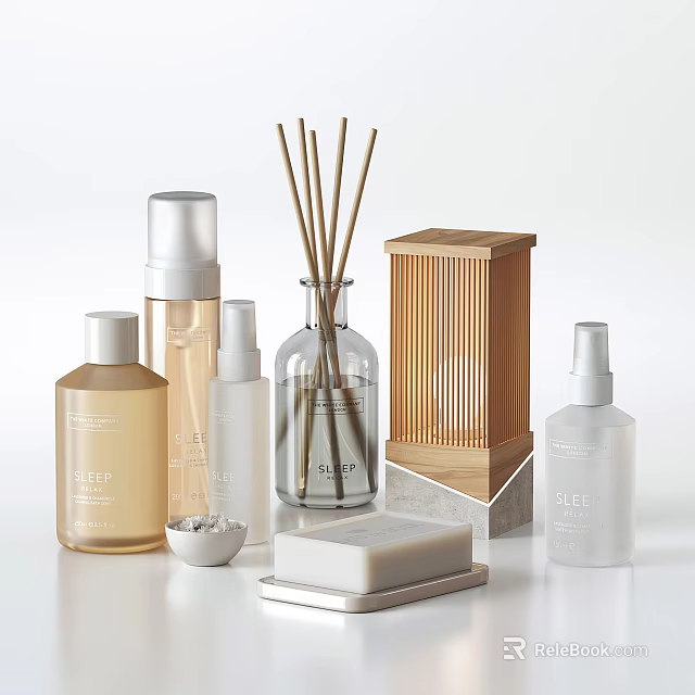 Chic Fragrance Cosmetics Display With Various Bottles Diffuser And Soap 3d model 