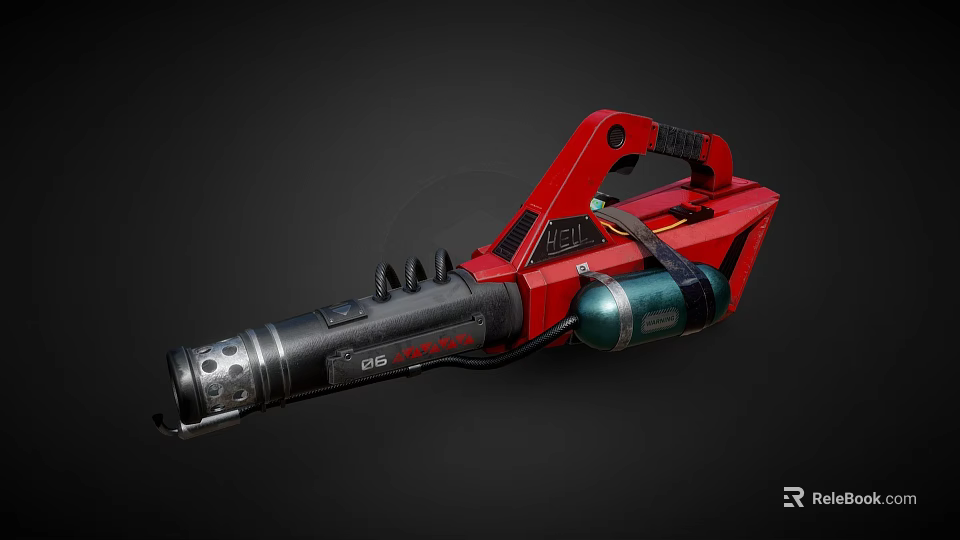 Red Handheld Weapon Featuring Black Barrel Green Tank And Modern Design 3d model