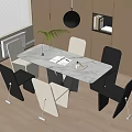 Modern Dining Table Set With Marble Top Black White Chairs Green Plant And Pendant Light