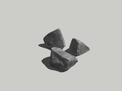 Three Natural Stones and Wood Pieces on Gray Background with Textured Surfaces 3d model