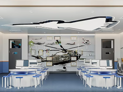 School Aviation Technology Classroom Featuring Model Airplanes Helicopters Wall Certificates Computers And Desks 3d model