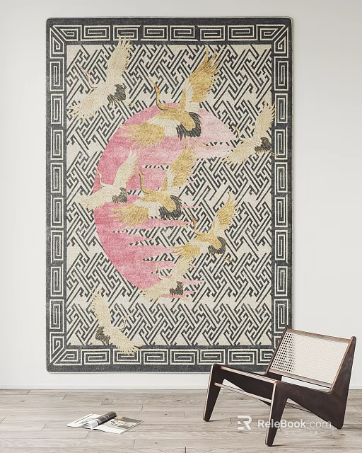 Stylish Square Area Rug With Golden Cranes Pink Design And Black White Geometric Border 3d model 
