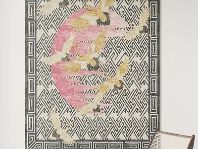 Stylish Square Area Rug With Golden Cranes Pink Design And Black White Geometric Border 3d model