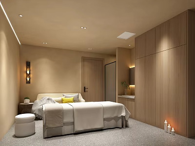 Modern SPA Sauna Room Interior With Comfortable Bed Wall Lamps Wooden Cabinets And Candles 3d model