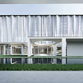 Modern Sales Office Building Architecture Featuring Glass Curtain Wall Water Pool Reflection and Front Lawn