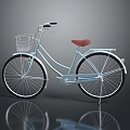 Light Blue Bicycle Featuring White Basket Red Seat And Black Wheels With Ground Reflection