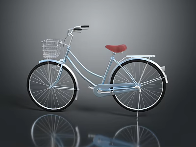 Light Blue Bicycle Featuring White Basket Red Seat And Black Wheels With Ground Reflection 3d model