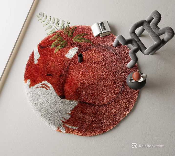 Round Carpet with Red and White Fox Pattern for Home Decor 3d model