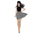 Woman wearing dark blue sleeveless top gray flowing skirt and high heels in three views