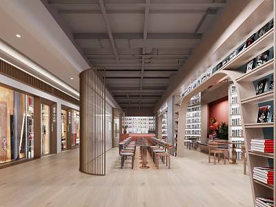 Modern Book Art Bookstore Interior with Wooden Bookshelves Books Long Tables and Chairs 3d model