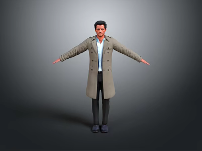Portrait of man wearing long trench coat and shirt with arms outstretched against gray background 3d model