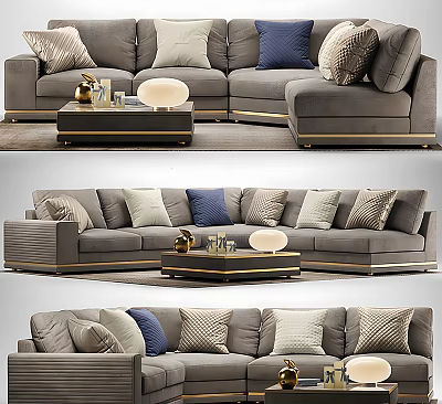 Casual Modern Sofa Set With Grey L Shape Fabric Design And Decorative Pillows 3d model