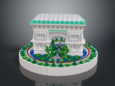 Scenic Park Landscape Featuring White Arch Structure Green Roof Trim Circular Pool And Greenery 3d model