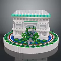 Scenic Park Landscape Featuring White Arch Structure Green Roof Trim Circular Pool And Greenery