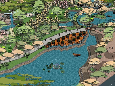 Scenic Square Landscape With River Walking Path Lush Trees Fountain Boats And Seats 3d model