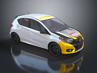 White And Yellow Sporty Hatchback Car With Racing Inspired Design And Black Wheels 3d model