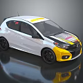 White And Yellow Sporty Hatchback Car With Racing Inspired Design And Black Wheels