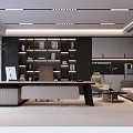Elegant Modern Executive Office With Large Work Desk Illuminated Storage Shelves And Cozy Guest Lounge