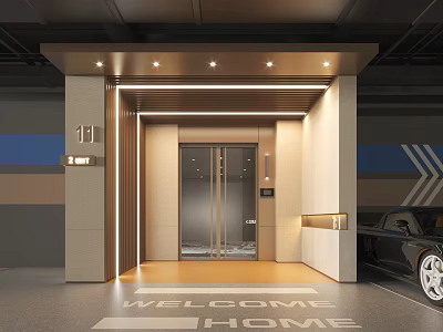 Modern Parking Lot Entrance Design With Welcome Home Sign Black Car And Glass Elevator Door 3d model
