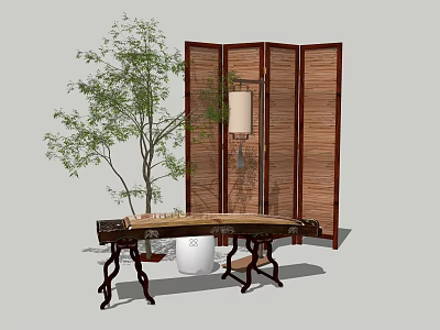 Traditional Chinese Zither and Painting Supplies with Bamboo Screen Wooden Table Hanging Lantern and Small Tree 3d model